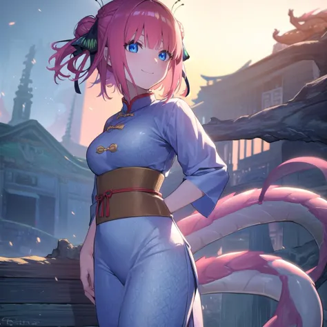 ninonakano, <lora:ninonakanotest:1>,
nino nakano, short hair, bangs, blue eyes, hair ornament, hair ribbon, pink hair, blunt bangs, two side up, butterfly hair ornament, smile,
BREAK chinese clothes, hair bun, double hair bun,
BREAK outdoors, shrine, fireworks, (dragon:1.5), lanterns, <lora:PAseerEasternDragonV3:0.75>, eastern dragon,
BREAK looking at viewer, (cowboy shot:1.5),
BREAK <lyco:GoodHands-beta2:1>, (masterpiece:1.2), best quality, high resolution, unity 8k wallpaper, (illustration:0.8), (beautiful detailed eyes:1.6), extremely detailed face, perfect lighting, extremely detailed CG, (perfect hands, perfect anatomy),