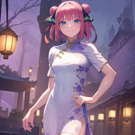 ninonakano, <lora:ninonakanotest:1>,
nino nakano, short hair, bangs, blue eyes, hair ornament, hair ribbon, pink hair, blunt bangs, two side up, butterfly hair ornament, smile,
BREAK chinese clothes, hair bun, double hair bun,
BREAK outdoors, shrine, fireworks, dragon, lanterns, <lora:PAseerEasternDragonV3:0.75>, (eastern dragon:1.2),
BREAK looking at viewer, (cowboy shot:1.5),
BREAK <lyco:GoodHands-beta2:1>, (masterpiece:1.2), best quality, high resolution, unity 8k wallpaper, (illustration:0.8), (beautiful detailed eyes:1.6), extremely detailed face, perfect lighting, extremely detailed CG, (perfect hands, perfect anatomy),