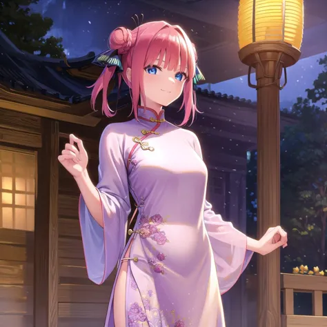 ninonakano, <lora:ninonakanotest:1>,
nino nakano, short hair, bangs, blue eyes, hair ornament, hair ribbon, pink hair, blunt bangs, two side up, butterfly hair ornament, smile,
BREAK chinese clothes, hair bun, double hair bun,
BREAK outdoors, shrine, fireworks, dragon, lanterns, <lora:PAseerEasternDragonV3:0.75>, (eastern dragon:1.2),
BREAK looking at viewer, (cowboy shot:1.5),
BREAK <lyco:GoodHands-beta2:1>, (masterpiece:1.2), best quality, high resolution, unity 8k wallpaper, (illustration:0.8), (beautiful detailed eyes:1.6), extremely detailed face, perfect lighting, extremely detailed CG, (perfect hands, perfect anatomy),