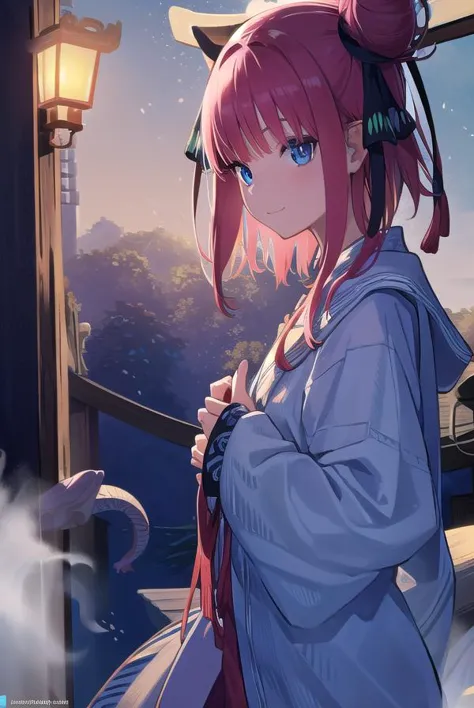 anime girl with pink hair and blue eyes holding a knife