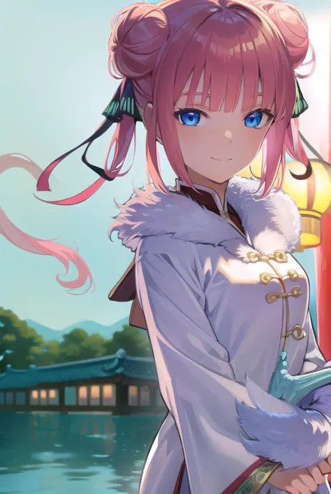 ninonakano, <lora:ninonakanotest:1>,
nino nakano, short hair, bangs, blue eyes, hair ornament, hair ribbon, pink hair, blunt bangs, two side up, butterfly hair ornament, smile,
BREAK chinese clothes, hair bun, double hair bun,
BREAK outdoors, shrine, fireworks, dragon, lanterns, <lora:PAseerEasternDragonV3:0.8>, (eastern dragon:1.5),
BREAK looking at viewer, (cowboy shot:1.5),
BREAK <lyco:GoodHands-beta2:1>, (masterpiece:1.2), best quality, high resolution, unity 8k wallpaper, (illustration:0.8), (beautiful detailed eyes:1.6), extremely detailed face, perfect lighting, extremely detailed CG, (perfect hands, perfect anatomy),