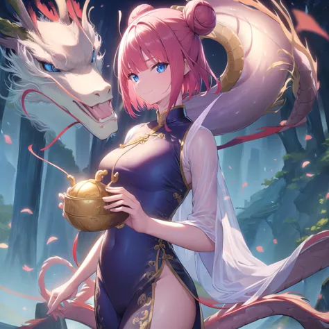 anime girl with dragon head and blue eyes holding a gold bowl