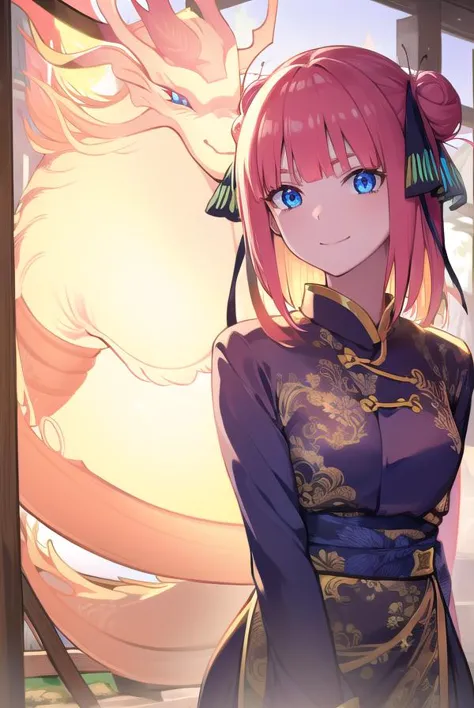 ninonakano, <lora:ninonakanotest:1>,
nino nakano, short hair, bangs, blue eyes, hair ornament, hair ribbon, pink hair, blunt bangs, two side up, butterfly hair ornament, smile,
BREAK chinese clothes, hair bun, double hair bun,
BREAK outdoors, shrine, fireworks, dragon, lanterns, <lora:PAseerEasternDragonV3:0.8>, (eastern dragon:1.5),
BREAK looking at viewer, (cowboy shot:1.5),
BREAK <lyco:GoodHands-beta2:1>, (masterpiece:1.2), best quality, high resolution, unity 8k wallpaper, (illustration:0.8), (beautiful detailed eyes:1.6), extremely detailed face, perfect lighting, extremely detailed CG, (perfect hands, perfect anatomy),