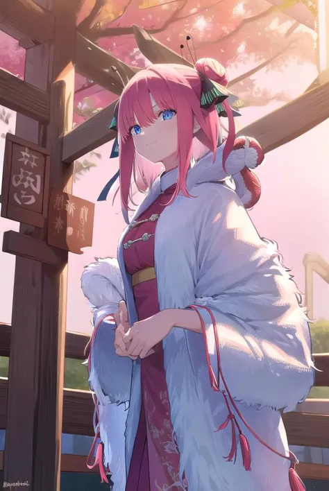 ninonakano, <lora:ninonakanotest:1>,
nino nakano, short hair, bangs, blue eyes, hair ornament, hair ribbon, pink hair, blunt bangs, two side up, butterfly hair ornament, smile,
BREAK chinese clothes, hair bun, double hair bun,
BREAK outdoors, shrine, fireworks, dragon, lanterns, <lora:PAseerEasternDragonV3:0.8>, (eastern dragon:1.5),
BREAK looking at viewer, (cowboy shot:1.5),
BREAK <lyco:GoodHands-beta2:1>, (masterpiece:1.2), best quality, high resolution, unity 8k wallpaper, (illustration:0.8), (beautiful detailed eyes:1.6), extremely detailed face, perfect lighting, extremely detailed CG, (perfect hands, perfect anatomy),