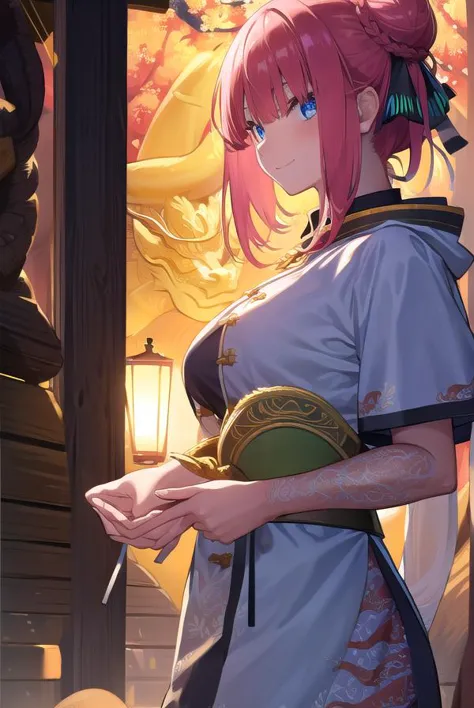 ninonakano, <lora:ninonakanotest:1>,
nino nakano, short hair, bangs, blue eyes, hair ornament, hair ribbon, pink hair, blunt bangs, two side up, butterfly hair ornament, smile,
BREAK chinese clothes, hair bun, double hair bun,
BREAK outdoors, shrine, fireworks, dragon, lanterns, <lora:PAseerEasternDragonV3:0.8>, (eastern dragon:1.5),
BREAK looking at viewer, (cowboy shot:1.5),
BREAK <lyco:GoodHands-beta2:1>, (masterpiece:1.2), best quality, high resolution, unity 8k wallpaper, (illustration:0.8), (beautiful detailed eyes:1.6), extremely detailed face, perfect lighting, extremely detailed CG, (perfect hands, perfect anatomy),