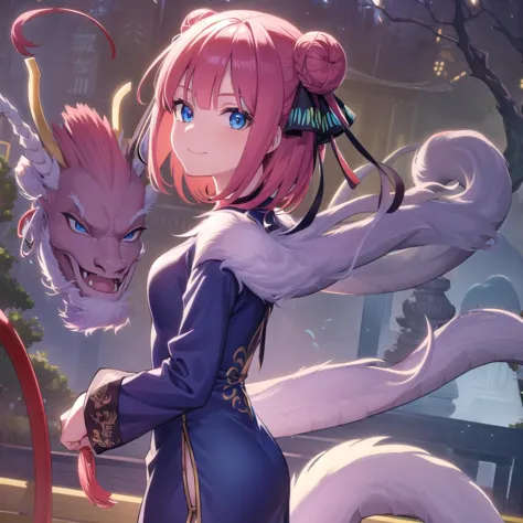 anime girl with pink hair and blue eyes holding a cat