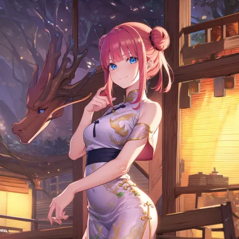 anime girl in a kimono outfit with a dragon in the background