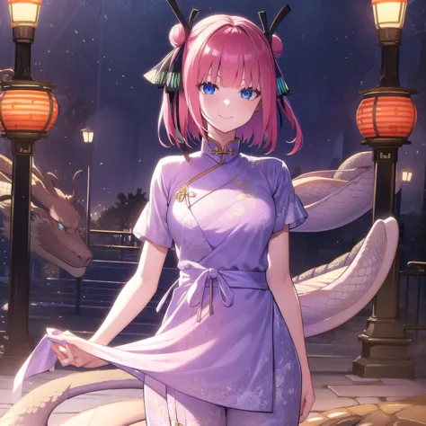 anime girl in purple dress standing in front of a street light