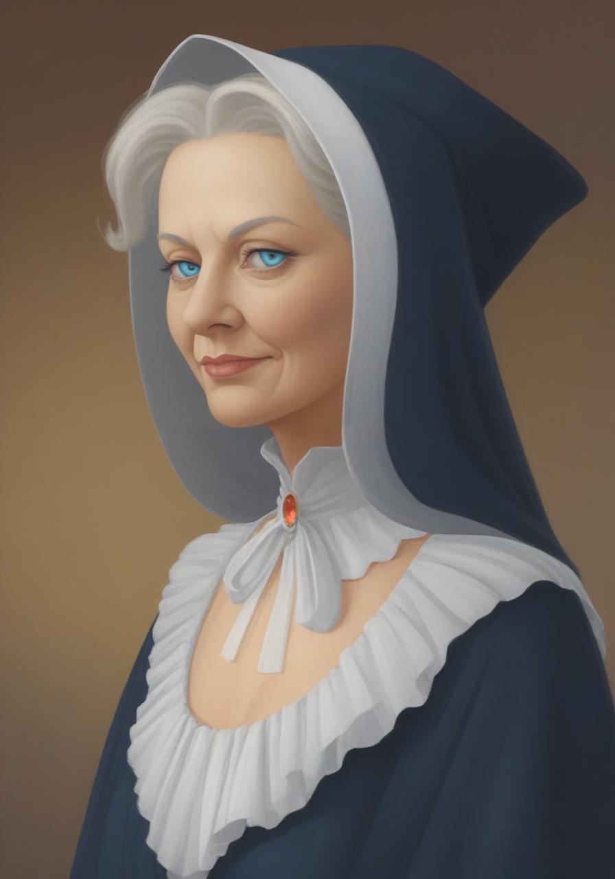 A painting of a woman with a blue hood and white dress - SeaArt AI