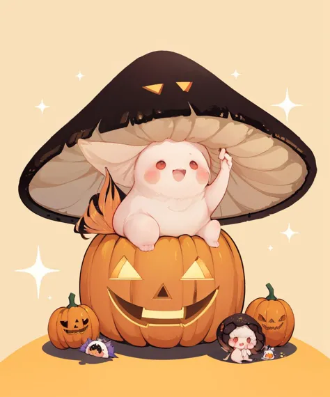 solo,blush,smile,open mouth,simple background,sitting,:d,pokemon (creature),no humans,sparkle,shadow,blush stickers,yellow background,halloween,jack-o'-lantern,pumpkin,mushroom,<lora:fairydrop_art-08:1>,