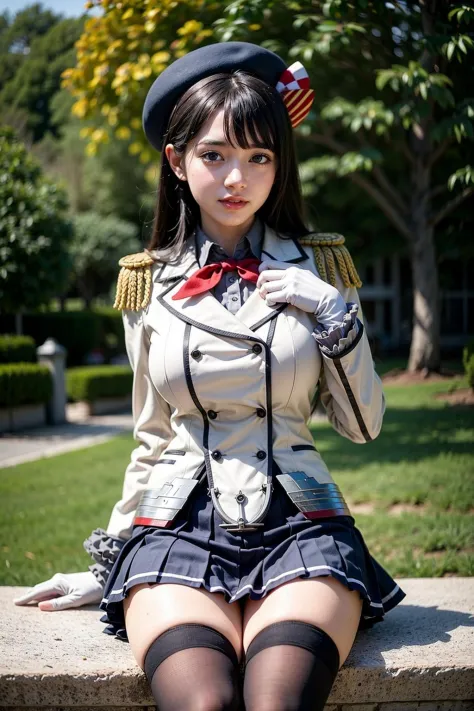 <lora:KashimaCosplay_V10:1> 1girl, solo, black hair, large breasts, 
kashicos, beret, white gloves, miniskirt, kneehighs,
outdoo...