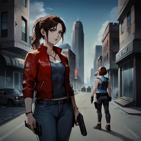 a woman in a red jacket holding a gun on a city street