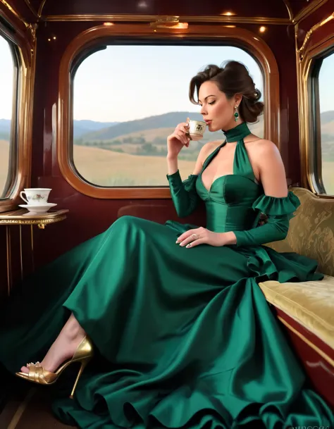 woman in green dress sitting on a train with a cup of coffee