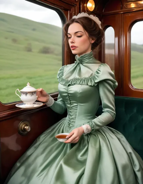 Victoria Rose, resplendent in her Victorian charm, rode on the vintage train through a landscape of breathtaking rolling hills illuminated by the starry night sky, clad elegantly in her exquisite, verdant silk gown adorned with delicate ruching and a high-neck collar, while holding a porcelain teacup brimming with warm Earl Grey tea, reminiscing on precious memories as she gazed out the window. <lora:trouij18f21b09f5bv2dc:1>