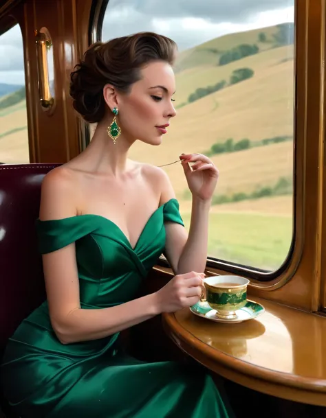 Victoria Rose, an elegant lady in a stunning emerald silk dress with graceful poise and opulent gold pearl earrings, effortlessly gazed out of the vintage train's panoramic window as it glided through picturesque rolling hills bathed in starlit skies at night, sipping tea from a delicate porcelain teacup filled with steaming Earl Grey, reflecting on cherished memories. <lora:trouij18f21b09f5bv2dc:1>