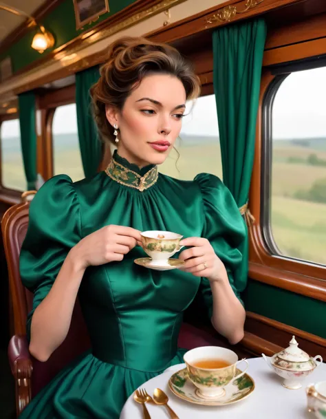 woman in green dress sitting in a train with tea cups