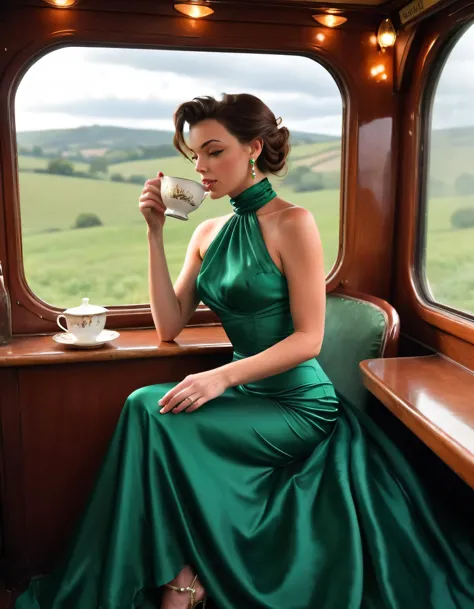 Victoria Rose, dressed in a stunning emerald silk gown with subtle ruching and a high-neck collar, accessorized by glittering gold pearl earrings and exquisite strappy stiletto heels, gracefully sat on the vintage train winding through picturesque rolling hills as the starlit sky lit up above her, reflectively sipping steaming Earl Grey tea from a delicate porcelain teacup while lost in memories. <lora:trouij18f21b09f5bv2dc:1>