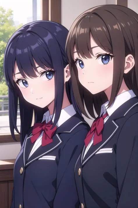(masterpiece),  (2girls),  school uniform,  upper body