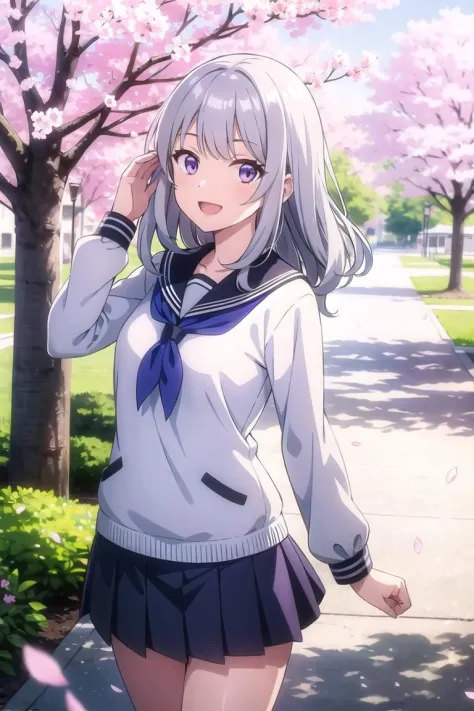 (masterpiece),  scenery,  school,  cherry blossoms,  petals,  1girl,  sailor,  wavy hair,  smile,  open mouth,  silver hair,  pu...