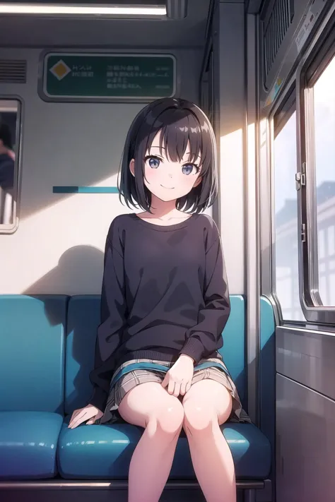 (masterpiece),  train interior,  1girl,  medium hair,  sitting,  smile,  petite