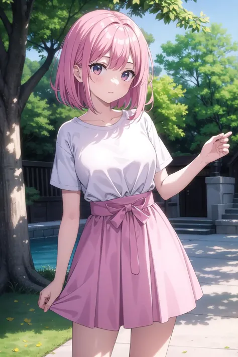 anime girl in a short pink skirt and white shirt standing on a sidewalk