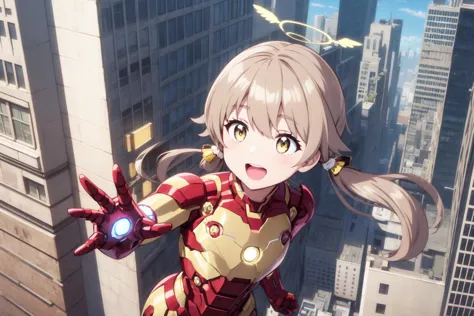 anime girl in iron suit flying over a city with a bird