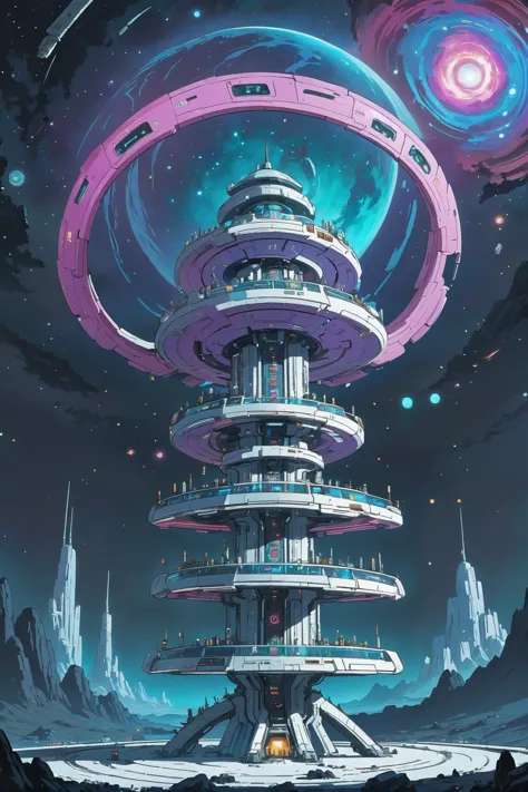 anime style, solid colors, sharp outline, flat shading, scifi, a techno-optimist fantasy megastructure outside of the universe, ...