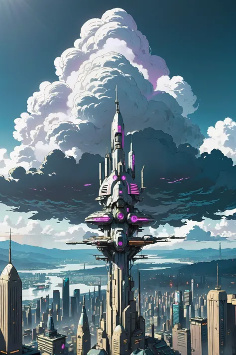anime style, solid colors, sharp outline, flat shading, cyberpunk, fantasy, great smeltery in a gargantuan fantasy cloud metropo...