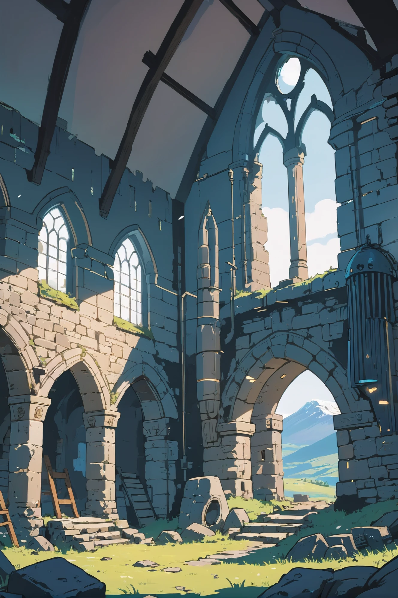 Аниме стиль, сплошные цвета, резкий контур, плоская штриховка, хорошо освещенный интерьер, среди руин манящего шотландского высокогорного замка