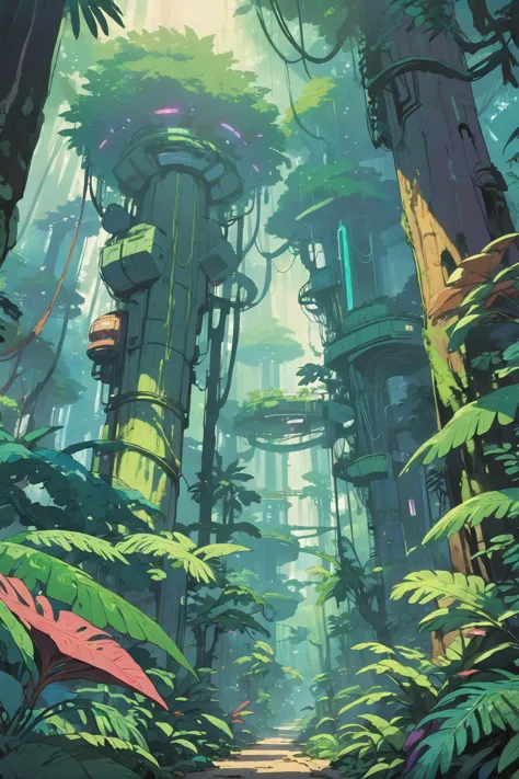 anime style, solid colors, sharp outline, flat shading, scifi, Subtropical Rainforest