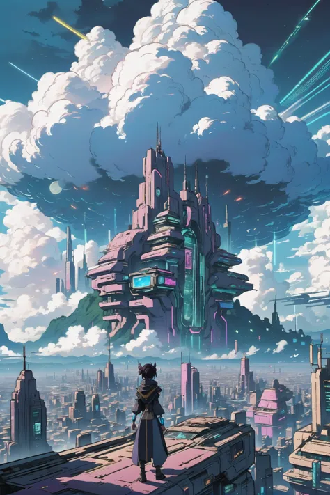 anime style, solid colors, sharp outline, flat shading, cyberpunk, fantasy, mysterious,infinite fantasy cloud city beyond the beginning of time