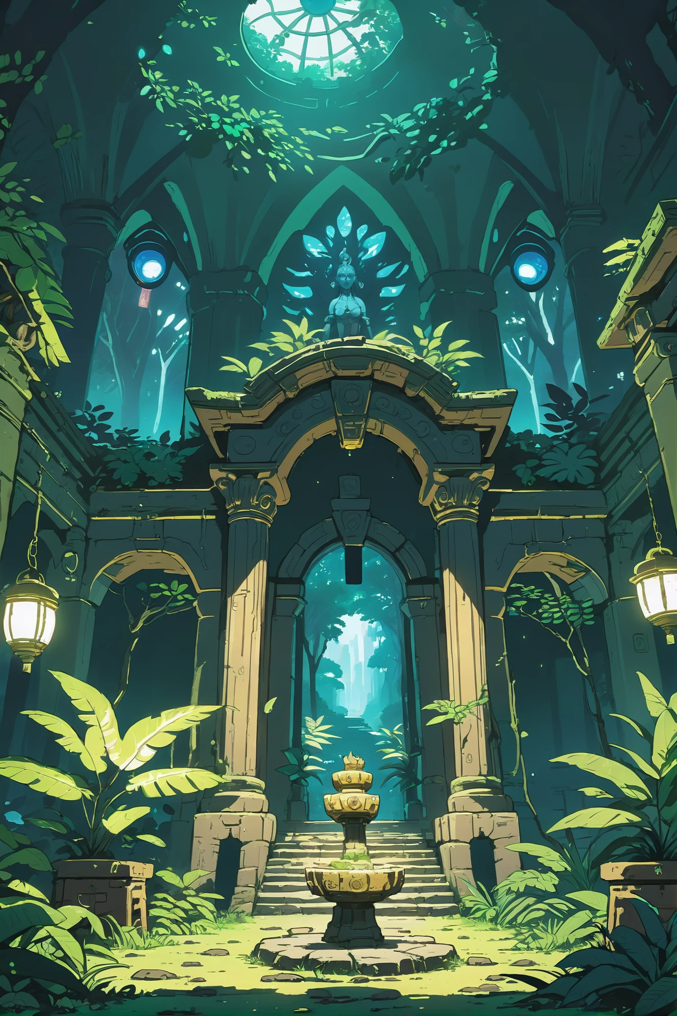 Аниме стиль, сплошные цвета, резкий контур, плоская штриховка, хорошо освещенный интерьер, в таинственном скрытом храме в джунглях