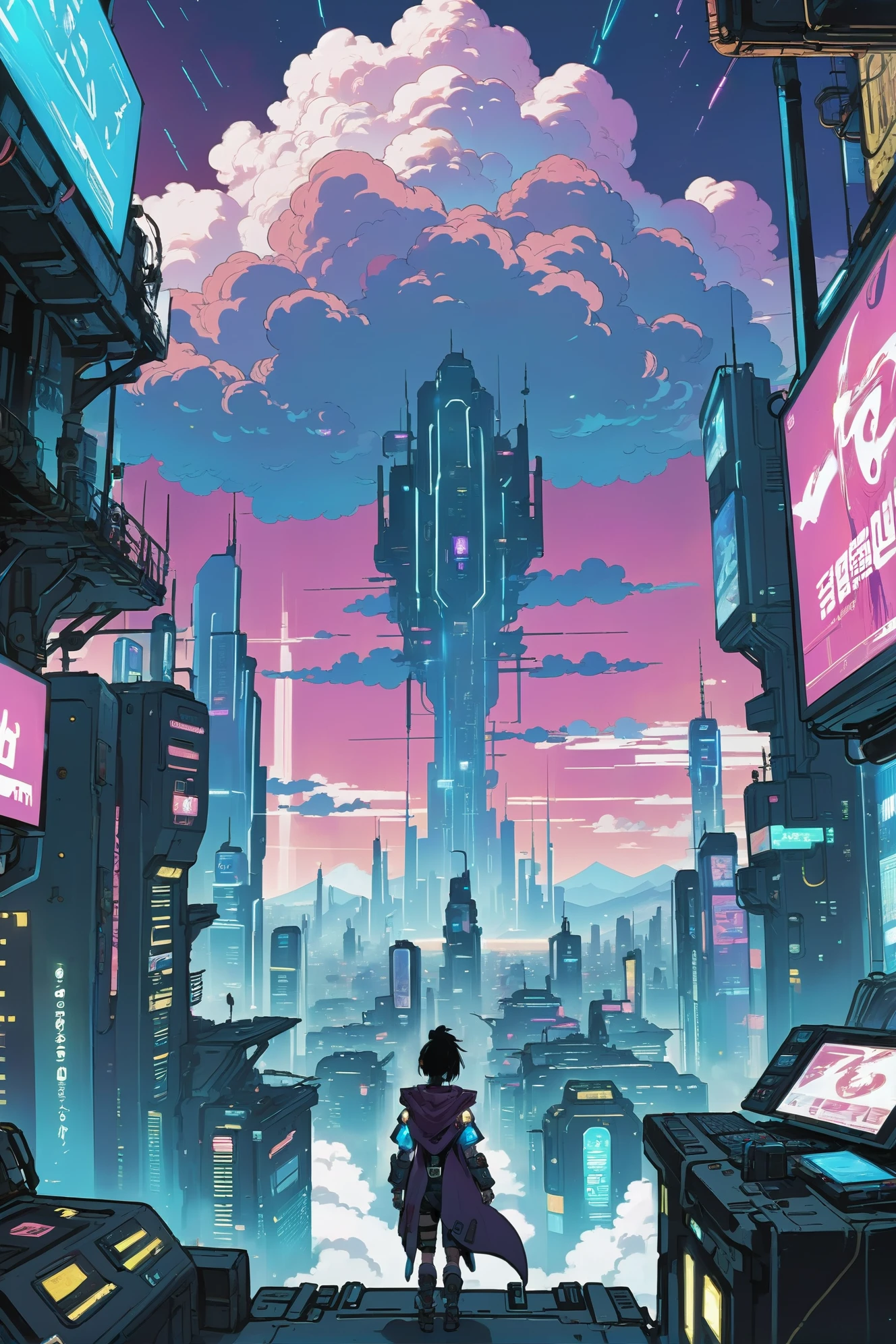 estilo anime, cores sólidas, contorno nítido, sombreamento plano, ciberpunk, fantasia, solene,Phantasmal fantasia cloud city beyond the end of reality