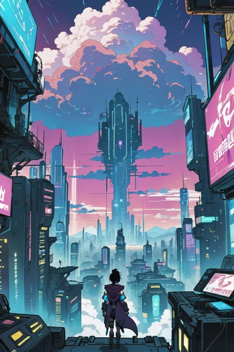 anime style, solid colors, sharp outline, flat shading, cyberpunk, fantasy, solemn,Phantasmal fantasy cloud city beyond the end of reality