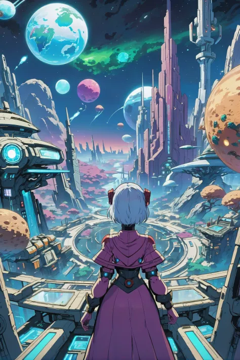 anime style, solid colors, sharp outline, flat shading, fantasy, scifi, wonderous scifi megacity at the end of the multiverse<lo...