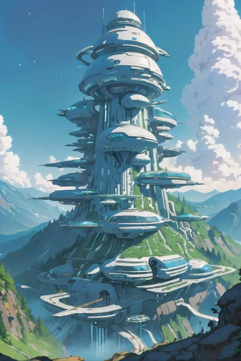 anime style, solid colors, sharp outline, flat shading, a gargantuan,pristine scifi hillside arcology at the end of the multiver...
