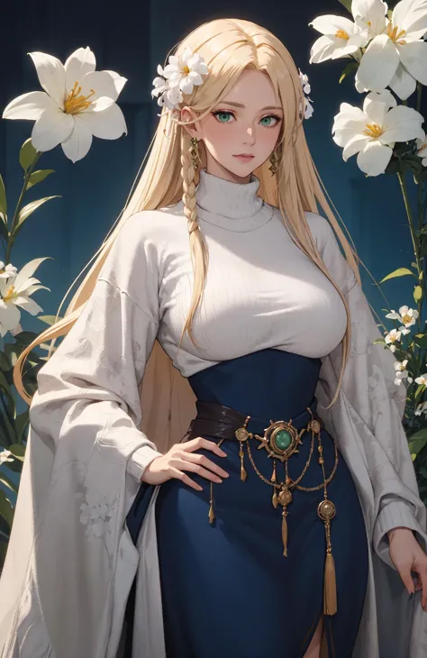 A Magnificent  Waist shot of a  Exobotanist with full breasts looking like (Uma Wisdombloom:1.5), 
looking and facing the camera, 
wearing a dark blue and green and platinum blonde, 
ruched sweater and robe and baroness, 
Purism Movement, 
in the style of Concept art, 
<lora:Add Detail:0>,
<lora:Lgirl Slider:-4> ,