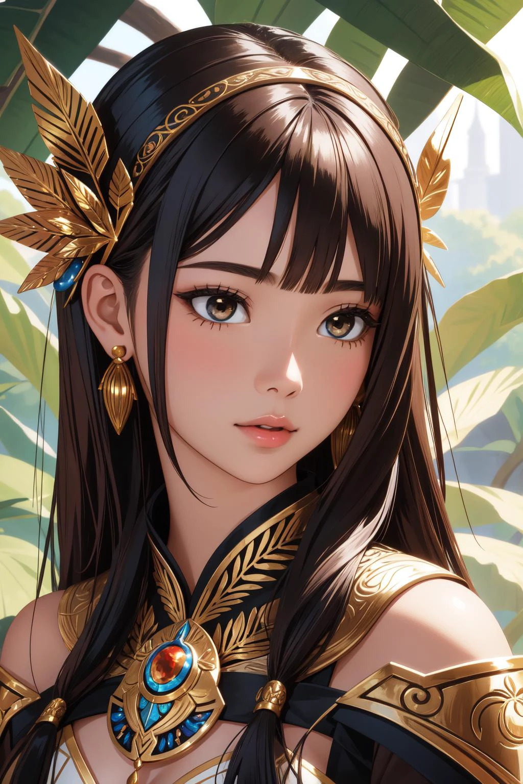 1girl, (fantasy art stylized by Rudy Siswanto:1.0) , Portrait, shoulder-level shot of a Acclaimed Costa Rican (Speaker:1.1) , Bronze foliage, Ultrarealistic, Selective focus