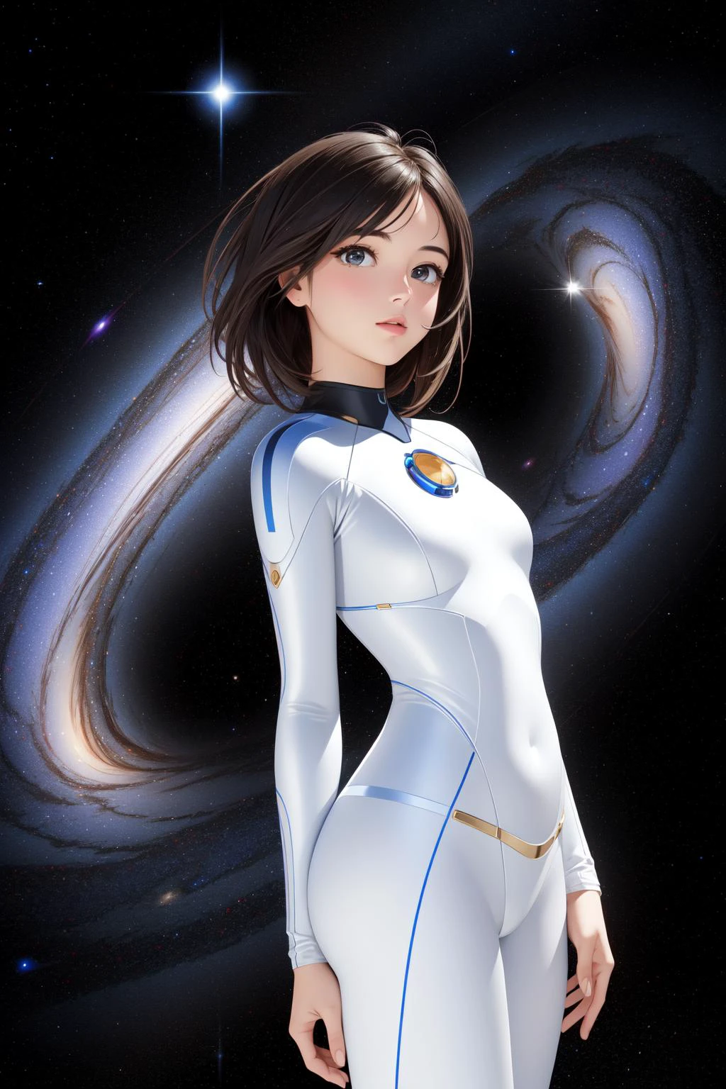 1girl, (art by Richard Pousette-Dart:1.0) , award winning, Basic Andromeda galaxy, simple Tech background, Winter, Depth of field 270mm