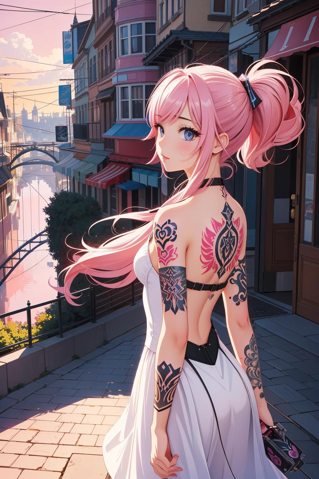 1girl, TattooWorld, Vector Art, low angle shot of a Pure (cater:1.2) , electric pink city, at Golden hour, impressionism art, (art by Luigi Loir:0.9) , (George Tice:1.2) , Selective focus, pixiv