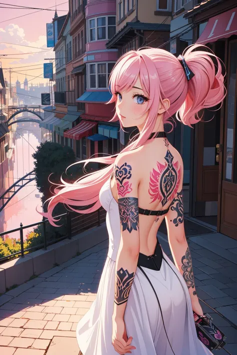 1girl, TattooWorld, <lora:TattooWorld:0.5>, Vector Art, low angle shot of a Pure (cater:1.2) , electric pink city, at Golden hou...