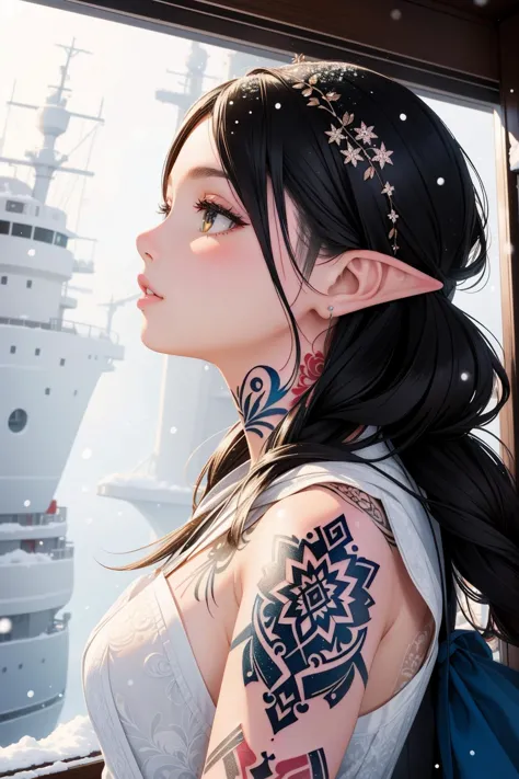 1girl, TattooWorld, <lora:TattooWorld:0.5>, Portrait, shot from side of a Wispy Elvish ([Icebreaker|Cruise ship]:1.1) , covered ...