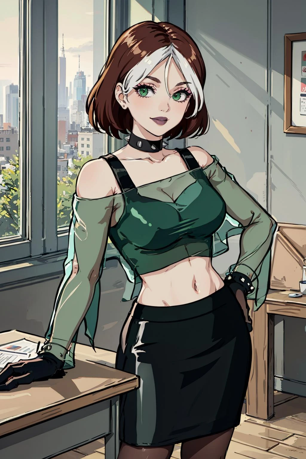 (masterpiece, best quality:1.2), evolutionrogue, 1girl, solo, breasts, looking at viewer, smile, short hair, skirt, large breasts, brown hair, shirt, black hair, gloves, navel, cleavage, green eyes, white hair, pantyhose, multicolored hair, choker, black gloves, miniskirt, black skirt, off shoulder, collar, two-tone hair, see-through, makeup, lipstick, spikes, pencil skirt, off-shoulder shirt, spiked collar, black lips, dyed bangs, studded collar, character name, hand on hip, smile, card \(medium\), sitting, pencil, indoors, chair, desk, looking at viewer