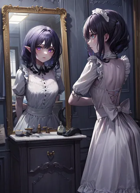 anime girl in a maid dress looking at herself in a mirror