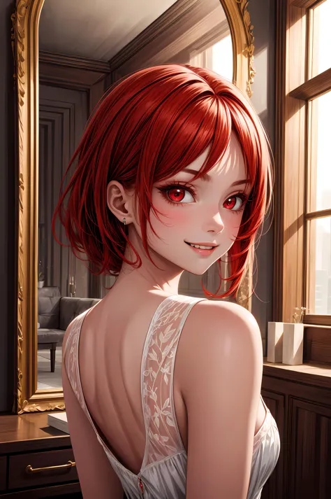 a woman with red hair and a white dress looking at herself