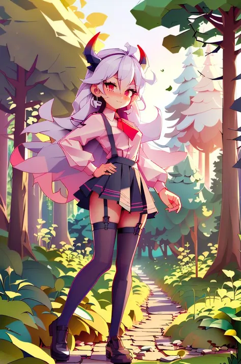 a girl in a short skirt and boots standing in the woods