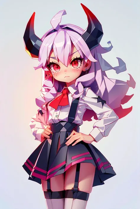 (best quality, masterpiece, hires), <lora:Arco_-_Marco_and_the_Galaxy_Dragon:0.8>, arco, lilac hair, horns, red eyes, dip dye, suspender skirt, ascot, thighhighs, garter straps, ((toon))