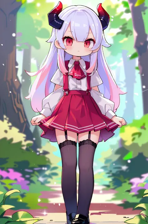 a cartoon girl in a red dress and black boots standing in the woods