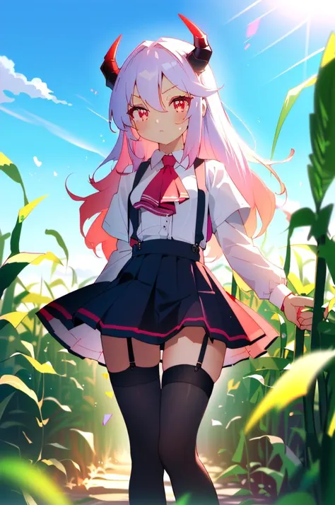 a girl in a short skirt and a tie standing in a corn field