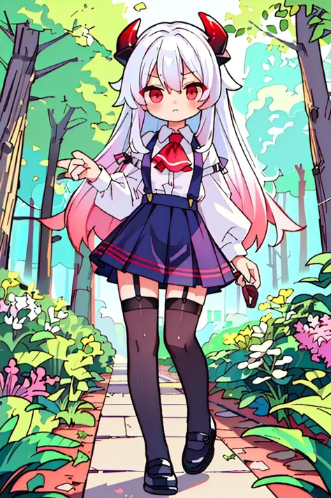 (best quality, masterpiece, hires), <lora:Arco_-_Marco_and_the_Galaxy_Dragon:0.8>, arco, lilac hair, horns, red eyes, dip dye, suspender skirt, ascot, thighhighs, garter straps, ((toon)), forest